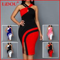 【YF】 Summer 2022 Women Sexy Slim Off Shoulder Split Patchwork Fashion Elegant Bodycon Dress Female Sleeveless Halter Party Midi