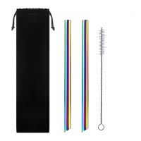 2Pcs Metal Pointed End Straw + 1Pc Brush Rainbow Drinking Straws Reusable Straws 12mm*215MM  With Portable Box Or Bag Specialty Glassware