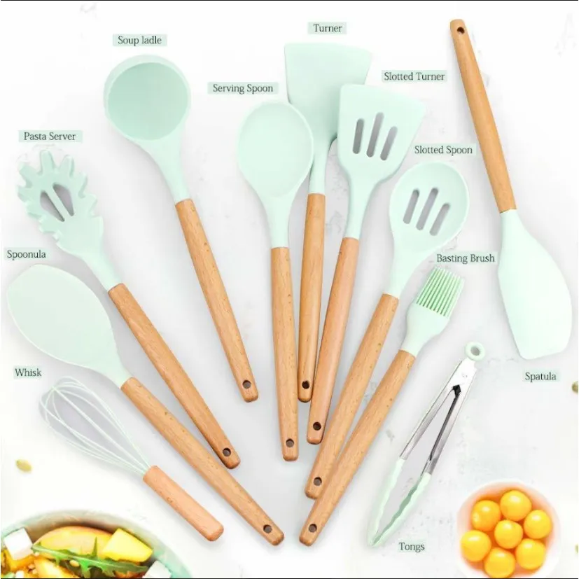 NGP Wooden Handles Kitchen Utensils 12 pcs, Silicone Cooking