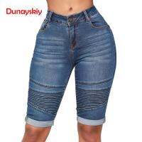 ผู้หญิงฤดูร้อนสูงเอว Denim กางเกงขาสั้นสีฟ้า Bodycon เข่าความยาว Elastic Slim Fit กางเกงขาสั้นคลาสสิก2023ใหม่สไตล์...