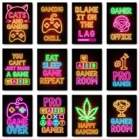 Neon วิดีโอเกมแมวและ Gaming Quotes งานศิลปะ,ภาพวาดผ้าใบ Gamepad เกม Room Wall Art รูปภาพ,เหมาะสำหรับ Gamer Zone Room Decor