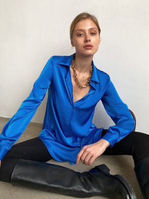 Mnealways18 Elegant Womens Satin Shirts Blue Long Sleeve Lapel Blouses Button Spring Summer 2022 Ladies Office Loose Tops Trendy