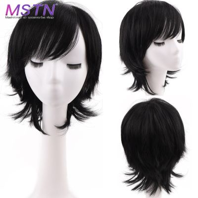 MSTN Synthetic Fashion Cosplay Men Short Wavy Wig Natural Black Wigs With Bangs For Male Women Boy Costume Halloween Fake Hair