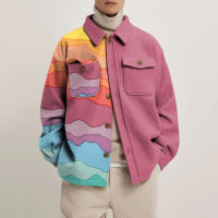 2021 Autumn Fashion Abstract Printed Loose Coats Mens Turn-down Collar Buttoned Jacket Hipster Men New Winter Casual Streetwear