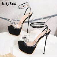 Eilyken รองเท้าโปร่งใส PVC ดีไซน์ใหม่สำหรับผู้หญิง,รองเท้าส้นสูงมีสายรัดหัวเข็มขัดคริสตัลรูปผีเสื้อแสนหวาน2023ฤดูร้อน