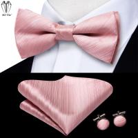 Hi-Tie Silk Pink Striped Mens Bowtie Jacquard Adult Bow Tie Hankerchief Cufflinks Set Pre-tied Butterfly Bowknot Wedding Party Nails Screws Fasteners