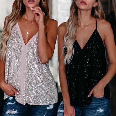 Y2K womens tops 2022 summer European and American womens sequined suspenders V-neck straight vest halter top