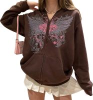 WEIZIY Printing Women Sweatshirt Casual Long Sleeve Zip Pullover Tunic Tops Brown