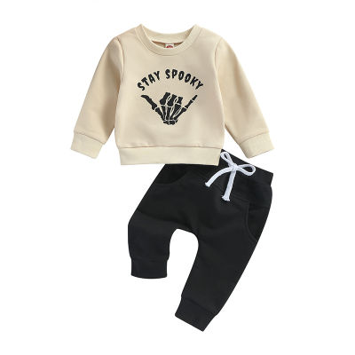 เสื้อกีฬาและกางเกงลายพิมพ์แขนยาวตัวอักษรสำหรับเด็กทารกชายชุดเสื้อผ้าฮาโลวีนเสื้อผ้า2ชิ้น