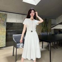 [FREE SHIPPING]Round Neck Triangular Logo Decorative Pleated High Waistband with A-line Stitching Short Sleeved Dress