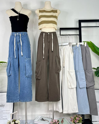 กางเกงยีนส์คาร์โก้แฟชั่นเอวสูง ทรงขากระบอก กางเกงยีนส์ผู้หญิงฟรีไซส์ กางเกงยีนส์สไตล์เกาหล