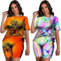 tfu336336 ขายดีที่สุด - /▤ 2023 Women 39;sTwo Piece Set Fashion Print Short Sleeve Tee Tops/Shorts/Suits Streetwear Female Clothing