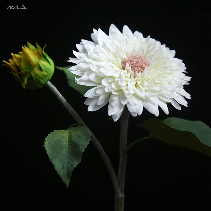 ayiq-flower-shop-sunmade-วินเทจขนาดใหญ่ดอกทานตะวันสาขาที่มีใบผ้าไหมดอกไม้ประดิษฐ์ห้องนั่งเล่นตกแต่งบ้านตกแต่งงานแต่งงาน-flore-สีขาว