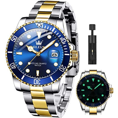OLEVS Classic Wrist Watches,Men Business Watches Dress Watch with Day,Green/Black/White/Blue Face,Flywheel Multifunction Luminous Men Stainless Steel Wristwatch upgrade two tone blue face