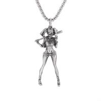 Vintage Silver Plated Girls Baseball Player Statue Pendant Necklace Men and Women Couple Street Fashion Sweater Necklace