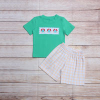 Summer Baby Boys Clothes 2pcs Set Green Crab Short Sleeve + Beige Lattice Casual Shorts Kids Sports Pants For 1-7T Outfits