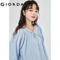 GIORDANO Women Blouses Ribbon Smocked Crewneck Loose Blouses Raglan Sleeve Elegant Fashion Casual Tencel Blouses 18343212