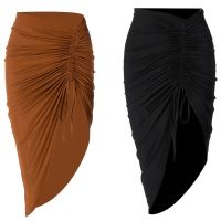 【CW】 2Pcs Waist Up Skirts Womens Ruched Drawstring Hip Tight Slit Skirt Wrinkled SkirtBlack  amp; S