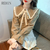 REHIN ของผู้หญิงฤดูใบไม้ร่วงใหม่เวอร์ชั่นเกาหลีวิทยาลัยสไตล์เสื้อแขนยาวการออกแบบที่มีสีสันปักตุ๊กตาปกลูกไม้ขึ้น F Lared แขนเสื้อ