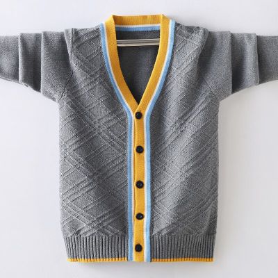 Autumn Kids Boys Sweaters Children England Style Coats V-neck Knit Sweater for Baby Cardigans Girls Outerwear Tops 6 10 14Years