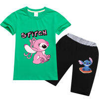 Stitchs เสื้อยืดชายสั้นแขนนางฟ้าเด็กผู้หญิงชุดกางเกงขาสั้นสำหรับฤดูร้อนฤดูใบไม้ร่วงผ้าฝ้ายเด็ก0000การ์ตูน