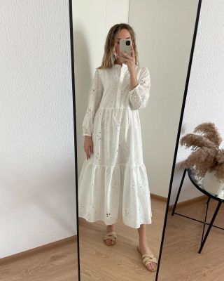 New Women Elegant Embroidered Lace White Female Splicing Dress Floral Hollow Out Loose Casual Party Vestidos