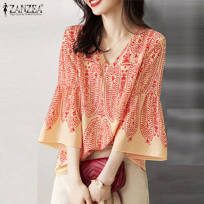 (สินค้ามาใหม่)(จัดส่งฟรี)Fancystyle ZANZEA เสื้อคอวีแขนบานสไตล์เกาหลีของผู้หญิงลำลองทรงหลวมกระโปรงลายดอกไม้เสื้อยืด #11