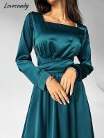 Solid Satin Square Neck Long Sleeve Dresses Womens Bow Tie Waist Closing Dressing Party Temperament Evening Dress For Female