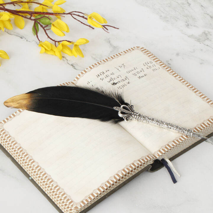 Vintage Goose Feather Quill Pen+5 Metal Nibs Dip Writing Ink Bottle Set ...