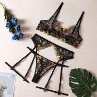 2023 Korean Women Transparent Embroidery Panties Underwear Set 3-Piece Sexy Garters Flowers Beautiful Short Lingerie Kits