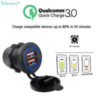 Aitemay Quick Charge QC 3.0 36W กันน้ำ Dual ช่องเสียบที่ชาร์จ USB สำหรับ12V/24V รถจักรยานยนต์รถบรรทุกเรือ ATV