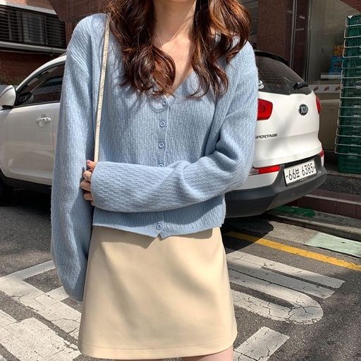 จุดที่ดี-เสื้อคาร์ดิแกนถักเกาหลี6สีแขนยาวแฟชั่นของผู้หญิงยอดนิยม