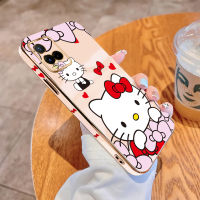 สำหรับ Vivo Y21 2021 Y21S Y21A Y21T Y33S Y33T (ฟรี) การ์ตูนน่ารัก Hello Kitty ออกแบบโลโก้ปลอกขอบสแควร์รูปแบบเชลล์หรูหราชุบโครเมี่ยม TPU เลนส์กล้องป้องกันโทรศัพท์มือถือกรณี