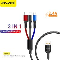 Awei CL-971 Multi Charger Cable 3 In 1 2.4A Fast Charging Wire For iPhone Xiaomi USB Type C Mobile Phone Cable Muti Ports Cord Wall Chargers