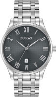 Bulova Mens Classic Stainless Steel 3-Hand Date Calendar Quartz Watch, Grey Dial with Roman Numeral Markers Style: 96B261