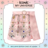 iCONiC PINK UNIVERSE SKIRT #6090  กระโปรงสั้น สีชมพู พิมพ์ลาย อัญมณ๊ แต่ง หัวเข็มขัดมุก กระโปรงแฟชั่น กระโปรง นางงาม