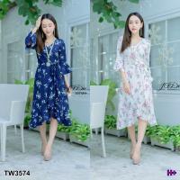 P3574 เดรสลายดอก ผูกเอวไขว้หน้า เอวระบาย Floral print dress, front slit, ruffled waist