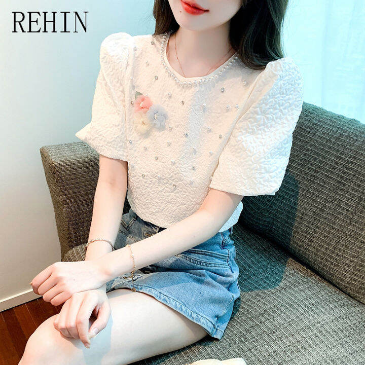 rehin-เสื้อแขนพองสีขาวสำหรับผู้หญิง-เสื้อเสื้อผู้หญิงแขนสั้นแขนพองสีขาวลายดอกไม้ลูกปัดแต่งเล็บเบาหรูหรามาใหม่ฤดูร้อน