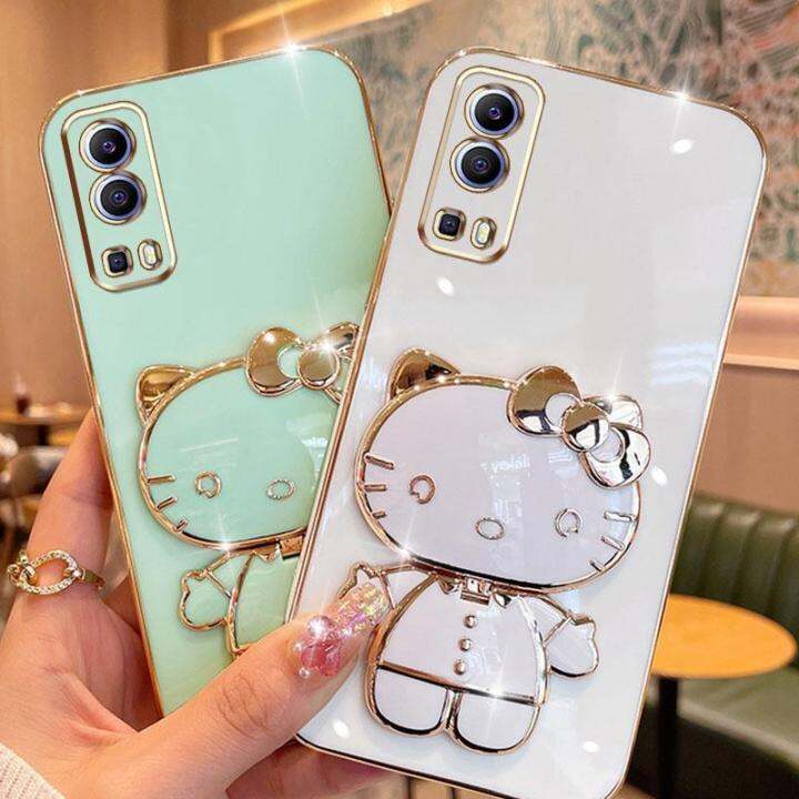 folding-makeup-mirror-phone-case-for-vivo-y72-5g-y52-5g-case-fashion-cartoon-cute-cat-multifunctional-bracket-plating-tpu-soft-cover-casing