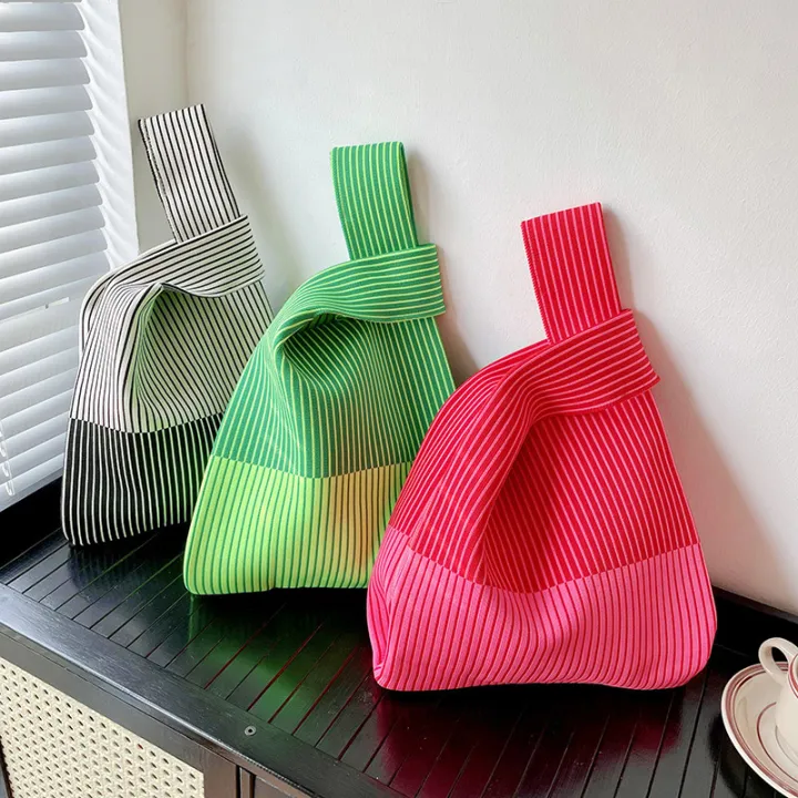 bag-tote-student-plaid-stripe-casual-knot-bags-handmade-mini-wide-knit-handmade-handbag-tote-bag-knot-wrist-bag