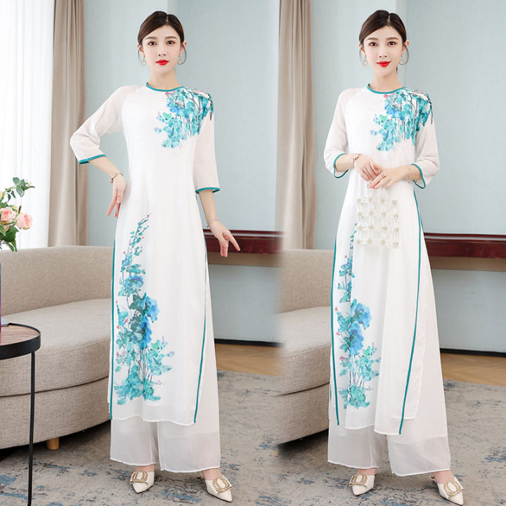 2022ผู้หญิงสไตล์จีนจีนย้อนยุคมือวาดชุด-cheongsam-กางเกงขากว้าง-ao-dai-ชุดสองชิ้น