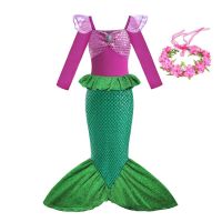 Disney Summer Baby Girl Little Mermaid Dress Longsleeve Kids Cosplay Costume Children Christmas Birthday Party Clothes Vestidos