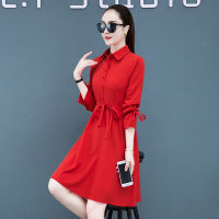 Spot parcel post Womens Dress 2023 Spring and Summer New Womens Korean-Style Fashionable Fitted Long Sleeve Mid-Length Temperament Red Shirt Dress