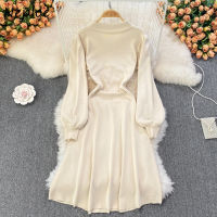 Neploe Temperament V-neck Knitting Dresses Women Pearl Buttons Decoration Lantern Sleeve Femme Robe High Waist Vestidos De Mujer