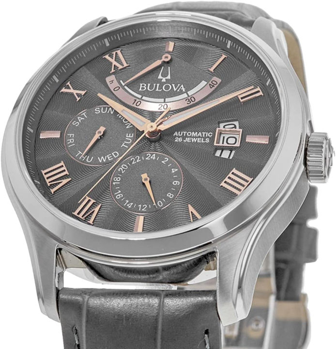 bulova-mens-classic-6-hand-power-reserve-leather-strap-watch-grey-grey-strap-classic