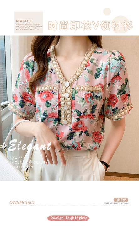 yige-2022-summer-new-style-woven-v-neck-blouse-french-floral-chiffon-blouse-short-sleeved-korean-blouse