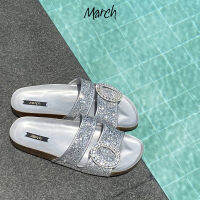 MarchShoes Sand Sandals Silver รองเท้าแตะแบบสวมประดับหัวเข็มขัดเพชร พื้นไม้ก๊อก ใส่สบาย สีเงิน