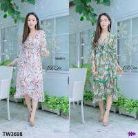 P3698 เดรสไขว้หน้าลายดอก  cross front floral dress