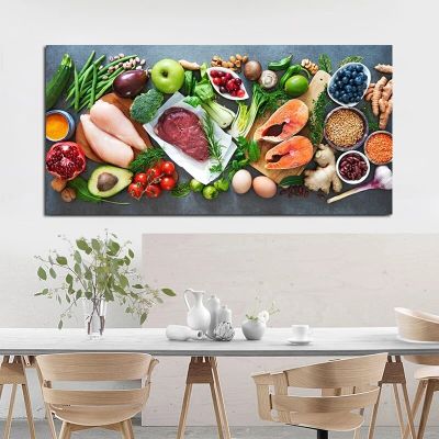 Ultra Realistic Kitchen Wall Art ผักและเนื้อโปสเตอร์ภาพวาดผ้าใบพิมพ์สำหรับตกแต่งห้องรับประทานอาหาร Cuadros