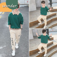 WANDER ชุดเด็กผู้ชาย เสื้อสเวตเตอร์แขนยาวเด็กผู้ชาย เสื้อโปโลคอปกสีทึบสไตล์เกาหลี ชุดกีฬาเด็กโตสองชิ้น23727